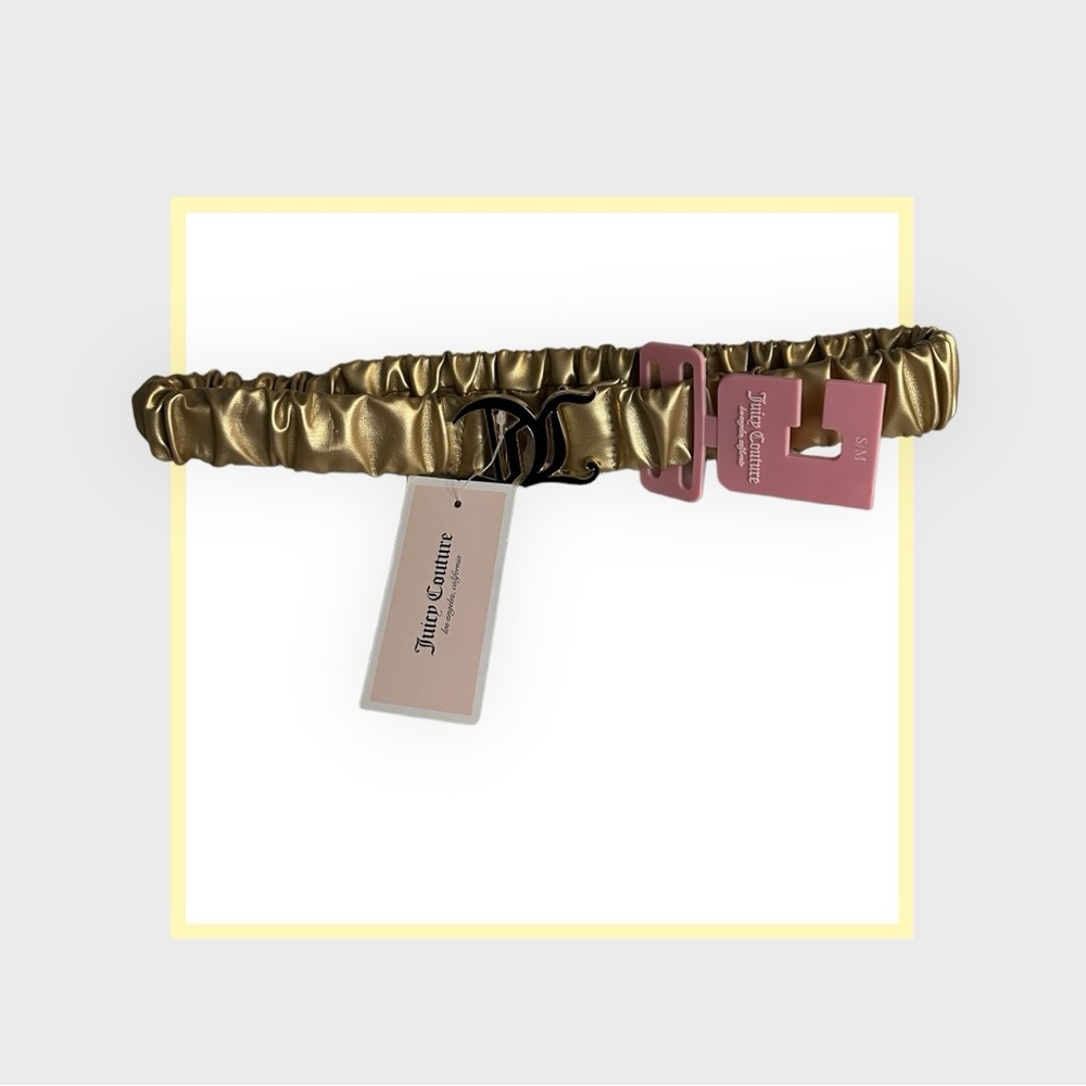 Juicy Couture Ruched Gold Stretchy Belt JC Black Enamel Closure Size S/M NWT